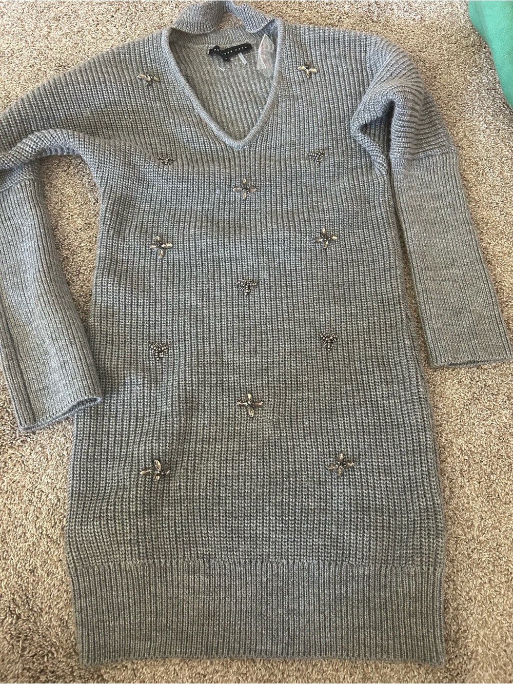 Anthropologie Endless Rose Gray V-Neck Embellished Knit Sweater Dress!!
